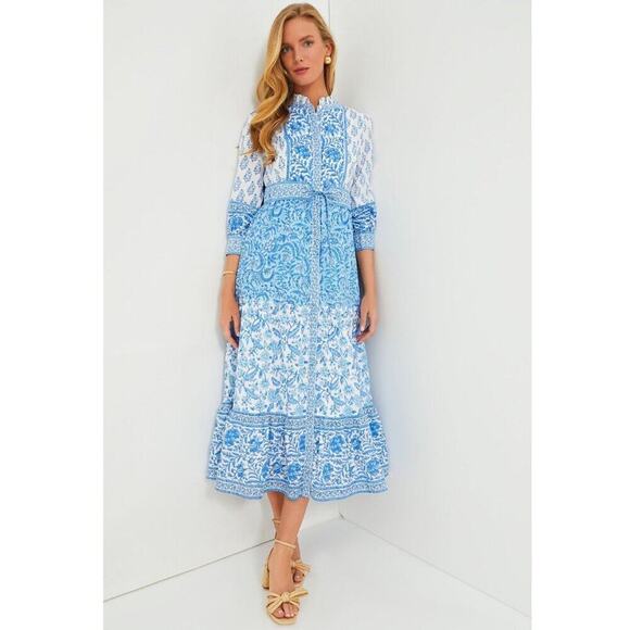 Pink City Prints Tuckernuck Blue Ocean Mix Gemma Block Print Midi Shirt Dress - Picture 1 of 16